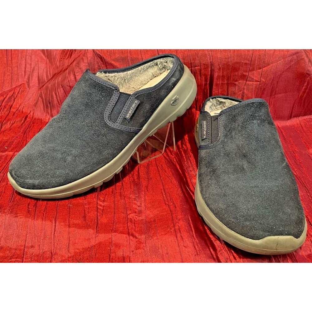 Womens Skechers Gen5 Goga Max Slipon Navy Suede Leather Clogs Mules Shoes sz 7